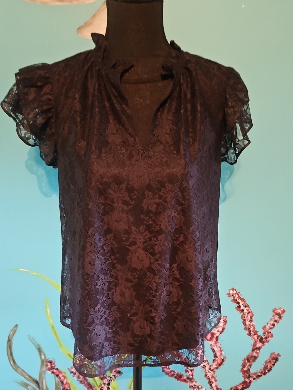 Anne Klein Black Lace Short-Sleeve Blouse
